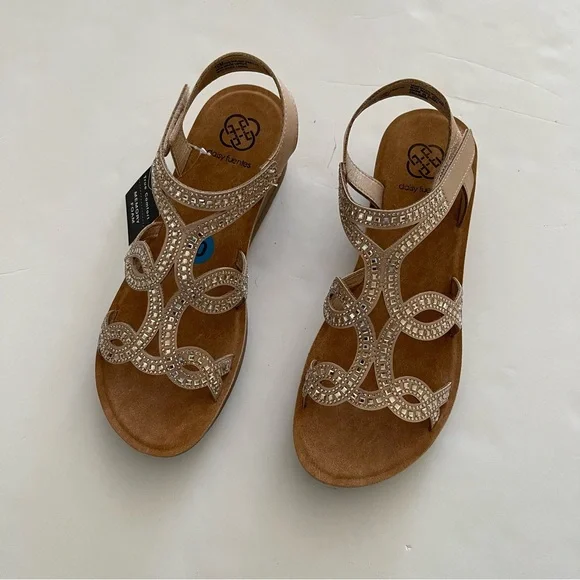 Daisy Fuentes Tan Rhinestone Crystal Embellished Strappy Wedge Sandals - Picture 9 of 10